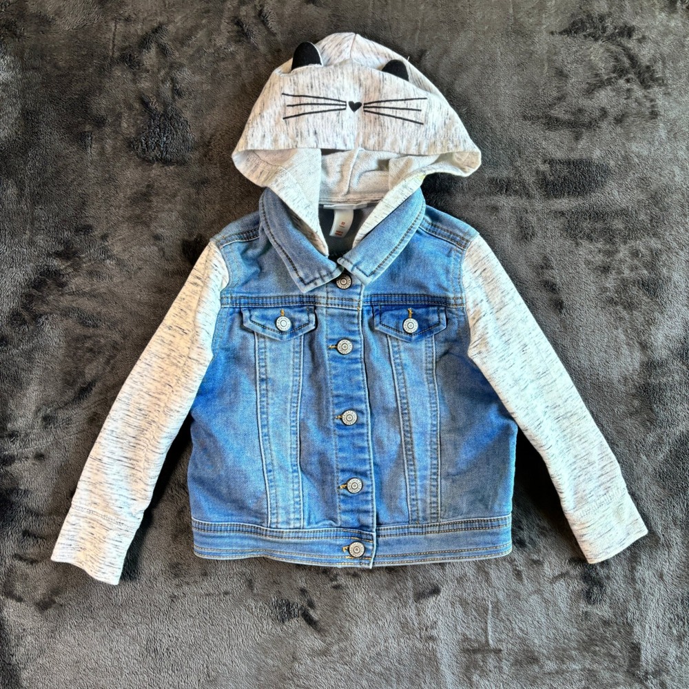 Cat‎ & Jack Toddler Kids 3T Blue Denim Jacket Gray Jersey Hooded Cat Ears Kitty